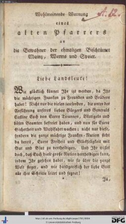 Wohlmeinende Warnung eines alten Pfarrers an die Bewohner der ehmaligen Bischtümer Mainz, Worms und Speier.