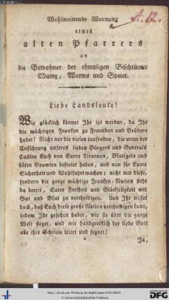 Wohlmeinende Warnung eines alten Pfarrers an die Bewohner der ehmaligen Bischtümer Mainz, Worms und Speier.
