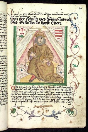 Thronender ungarischer Herrscher: König Andreas; von Rankenwerk umgeben.
