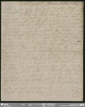 Eigenh. Brief von Johanna Christiane Erdmuthe Schlegel an August Wilhelm von Schlegel, Hannover, 24.02.1794