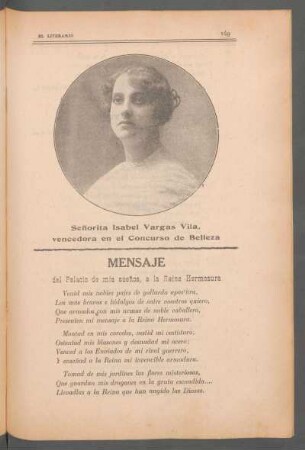 [Fotografía de] Señorita Isabel Vargas Vila, vencedora en el concurso de belleza