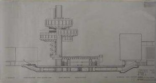 Turmrestaurant Steglitz mit U-Bahnhof Schloßstraße, Ansicht von Südosten, Schnittzeichnung zum 4. Entwurf "Krähennest". Berlin-Steglitz