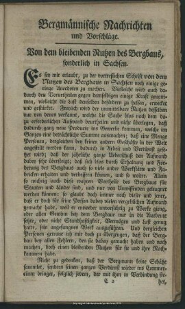 Bergmännische Nachrichten und Vorschläge