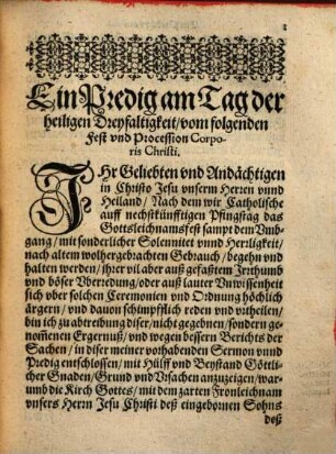 Ein Predig vom Fronleichnamsfest vnd Vmbgang