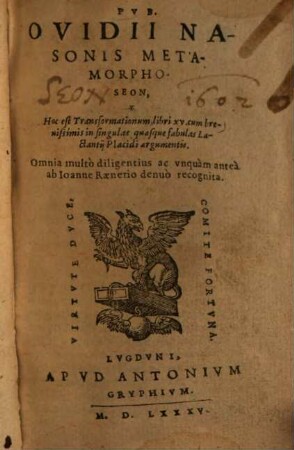 Pvb. Ovidii Nasonis Metamorphoseon, Hoc est Transformationum, libri XV.