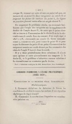 Concours d'admission a l'École Polytechnique (année 1879).