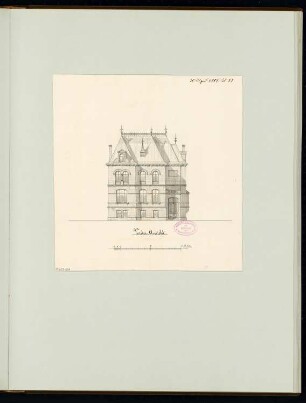 Ländliches Wohnhaus, Berlin-Lichterfelde Monatskonkurrenz April 1881: Aufriss Straßenansicht; Maßstabsleiste