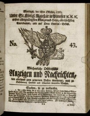 No. 43. Montags, den 28ten Oktober, 1765.