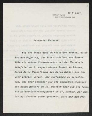 Brief von Max Friedlaender an Gerhart Hauptmann