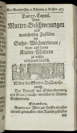 Das 37. Capitel. Von Mutter-Beschwerungen und mancherley Zufällen der Sechs-Wöchnerinnen/ ihnen und denen Kinder-Müttern zu nöthig und nützlich.