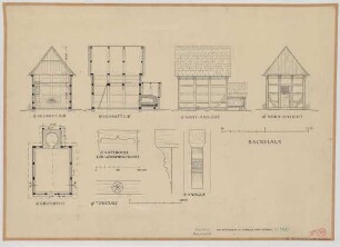 Hiddensen bei Eschenbruch (Kreis Detmold): Hof Winkemeier. - Backhaus (Grundriss, Nordansicht, Westansicht, Schnitte). - Kopfbohle am Backhaus (Detailansicht). - Türsturz am Backhaus (Detailansicht). - Knagge am Backhaus (Detailansicht).