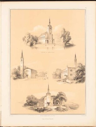 Landkirchen: vier perspektivische Ansichten (aus: Entwürfe zu Kirchen, Pfarr- und Schulhäusern, hrsg. von der Kgl. Preuß. Oberbaudeputation, 1845-1855)