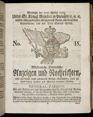 No. 15. Montags, den 11ten Aprilis 1763.