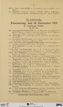 III. Auktionstag: Donnerstag, den 18. Dezember 1919 (Nr. 886-1310)