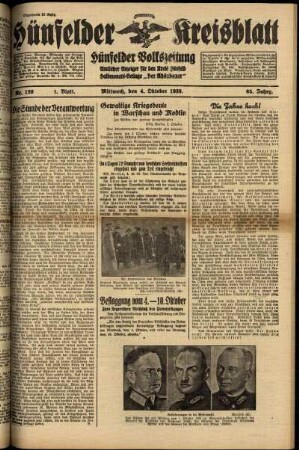 Erste Ausgabe vom Mittwoch, den 04. Oktober 1939.