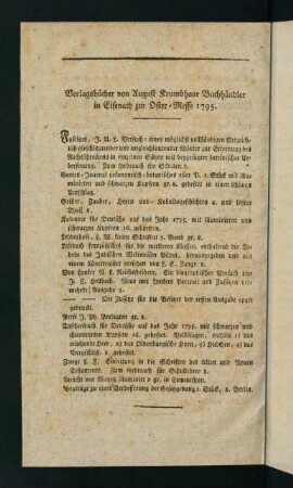 Verlagsbücher von August Krumbhaar Buchhaendler in Eisenach zur Oster-Messe 1795