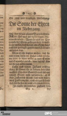 Die zwey und dreyßigste Abtheilung/ Die Sonne der Ehren im Niedergang.