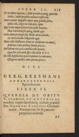 Greg. Bersmani Annaebergensis Epicediorum Liber II.