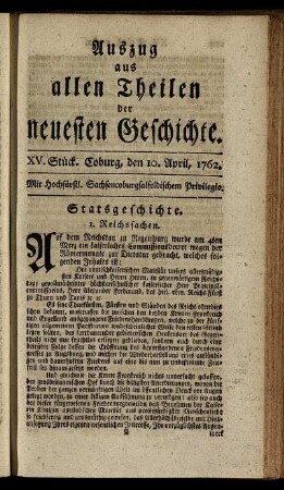 XV. Stück. Coburg, den 10. April, 1762.