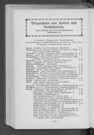 Verzeichnis von Hotels und Gasthäusern, denen Besuch von Verbandsmitgliedern willkommen ist.