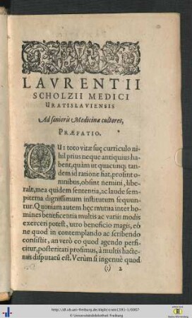 Laurentii Scholzii Medici Vratislaviensis Ad sanioris Medicinae cultores, Praefatio.