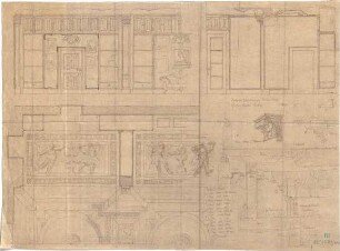 Fischer, Theodor; Nürnberg; Haus Adelsberger - Große Halle - Bildhauerarbeiten (Grundriss m. Ansicht, Ansicht, Ansicht m. Schnitt, Details)