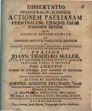 Dissertatio inauguralis-iuridica actionem Paulianam personalem, eiusque usum forensem sistens