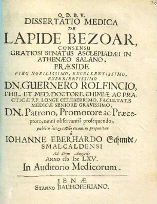 Dissertatio Medica De Lapide Bezoar