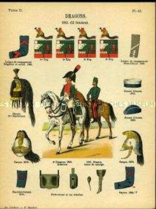 Uniformdarstellung, Dragoner-Musiker und Dragoner, Detailstudien von Kopfbedeckungen, Ausrüstungsteilen und Abzeichen verschiedener Dragoner-Regimenter, Frankreich, 1810/1896.