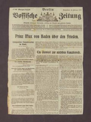 Ausschnitt aus Vossischen Zeitung: "Prinz Max von Baden über den Frieden"
