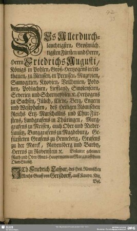 Des Allerdurchlauchtigsten, Großmächtigsten Fürsten und Herrn, Herrn Friedrichs Augusti, Königs in Pohlen, Groß-Hertzogens in Litthauen, zu Reussen, in Preussen, ...