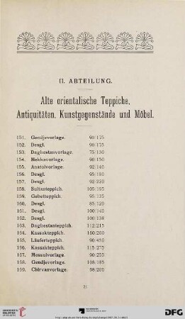 II. Abteilung. Alte orientalische Teppiche, Antiquitäten, Kunstgegenstände und Möbel (Nr. 151-343)