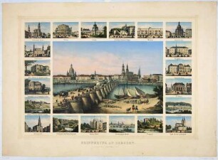 Bilderbogen mit einer großen und 24 kleineren Ansichten von Dresden und Umgebung