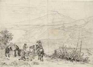 Taormina und der Ätna, vorn eine Reisegesellschaft