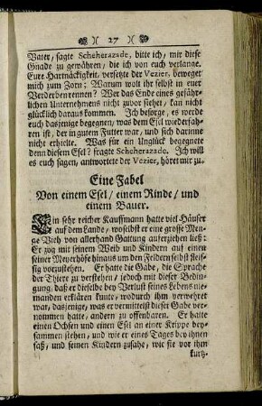 Eine Fabel Von einem Esel, einem Rinde, und einem Bauer.
