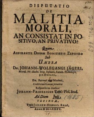 Disputatio De Malitia Morali, An Consistat In Positivo, An Privativo?