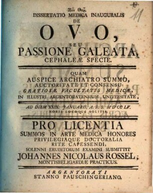 Dissertatio Medica Inauguralis De Ovo, Seu Passione Galeata, Cephaleæ Specie