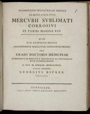Dissertatio Inauguralis Medica De Recto Atque Tuto Mercurii Sublimati Corrosivi In Variis Morbis Usu