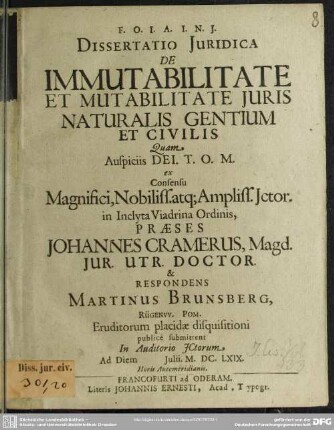 Dissertatio de immutabilitate et mutabilitate juris