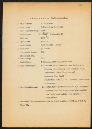 Residenztheater, Wiesbaden: Schriftstück zum Fragebogen für das Handbuch »Das Deutsche Theater«