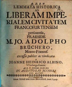 Lemmata historica ad liberam imperialem civitatem Francofurtensem pertinentia