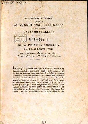Considerazioni ed esperienze intorno al magnetismo delle rocce : Memoria I, sulla polarità magnetica delle lare e rocce affini