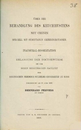 Über die Behandlung des Keuchhustens mit Chinin, speciell mit subcutanen Chinininjectionen