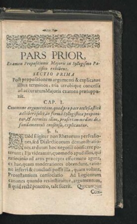 Cap. I. Commune argumentum, quod pro pace ecclesiastica adhiberi solet, in forma Syllogistica proponitur ...