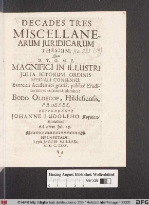 Decades Tres Miscellanearum Iuridicarum Thesium