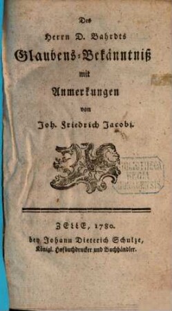 Des Herrn D. Bahrdts Glaubens-Bekänntniß
