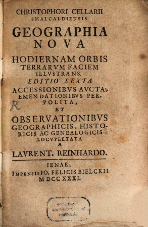 Christophori Cellarii Smalcaldiensis Geographia Antiqva Ivxta et Nova. [2]