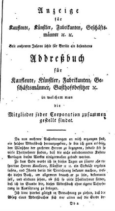 Anzeige für Kaufleute, Künstler, Fabrikanten, Geschäftsmänner...
