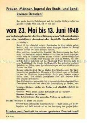 Aufruf des 2. Deutschen Volkskongresses und des deutschen Volksrates zum Volksbegehren für Einheit und gerechten Frieden 1948