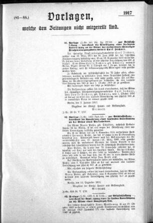 Anlage: (81-88), Vorlagen, welche den Zeitungen nicht mitgeteilt sind, 27. Januar 1917